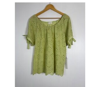 Cottagecore Zoey & Leelo Women XL Eyelet Blouse Lime Green Short Sleeve Tie Cuff